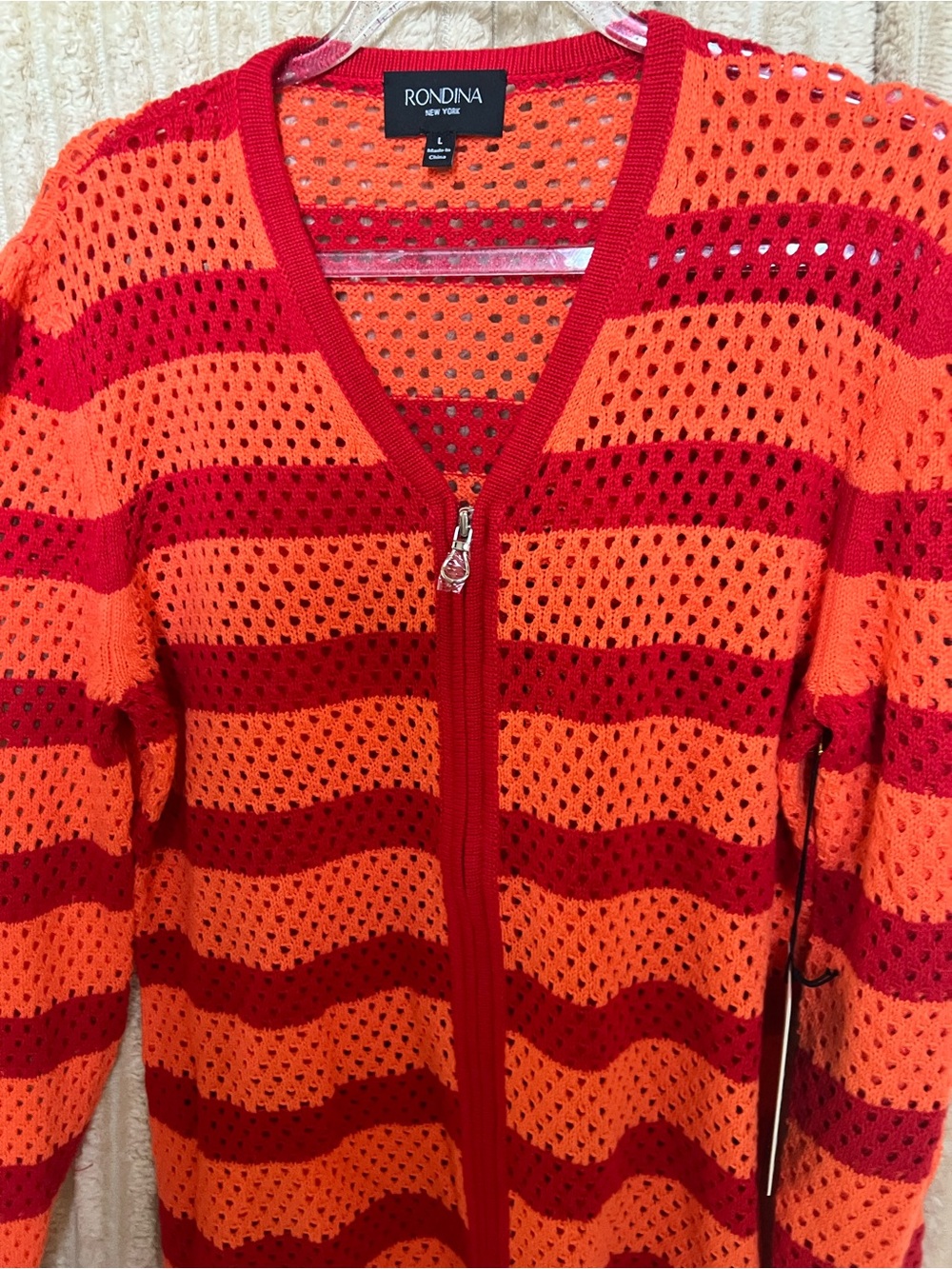 Rondina Red & Orange Striped Open-Knit Zip Cardigan